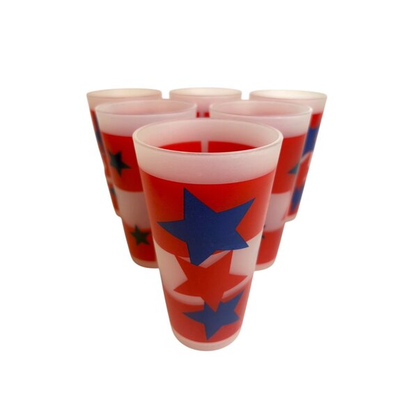 Set Of 6 Vintage Patriotic Star Plastic 6” Tall Tumblers Red Blue Americana - Picture 1 of 6